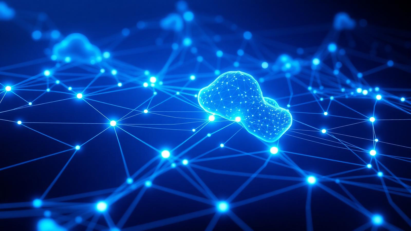 Abstract visualisation of a cloud network with connected nodes on a navy background