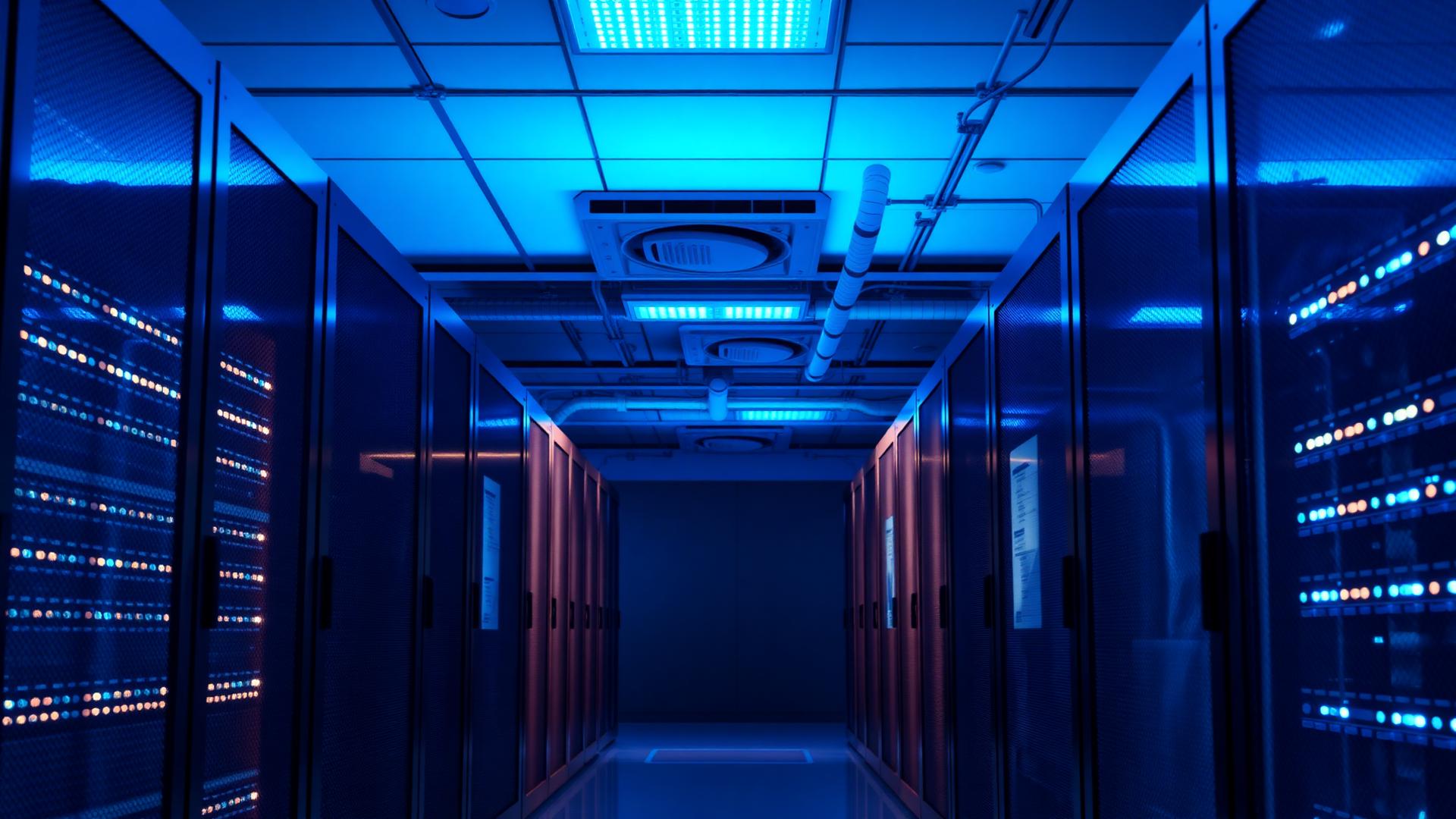 Illuminated server racks in a modern cloud data centre corridor