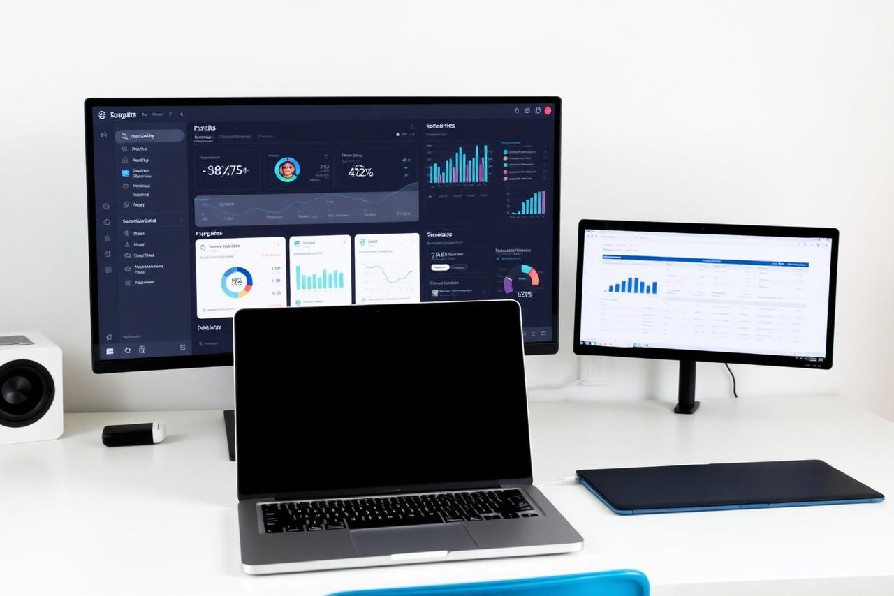 Technology workspace with a laptop and monitors showing application dashboards